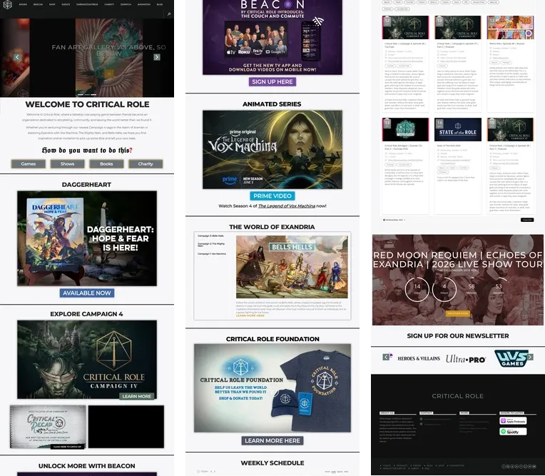 A homepage inteira do critrole.com, dividida em três colunas: um carrossel no topo, seguido de uma pilha de banners do mesmo tamanho para jogos, campanha, assinatura, série animada, fundação e turnê, com a programação da semana só no final.