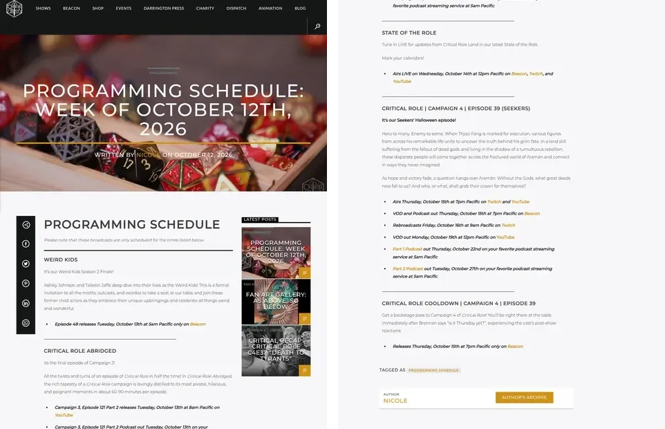 O post de blog com a programação da semana no site original: título grande, e cada programa como um parágrafo de texto com datas e horários no meio das frases.