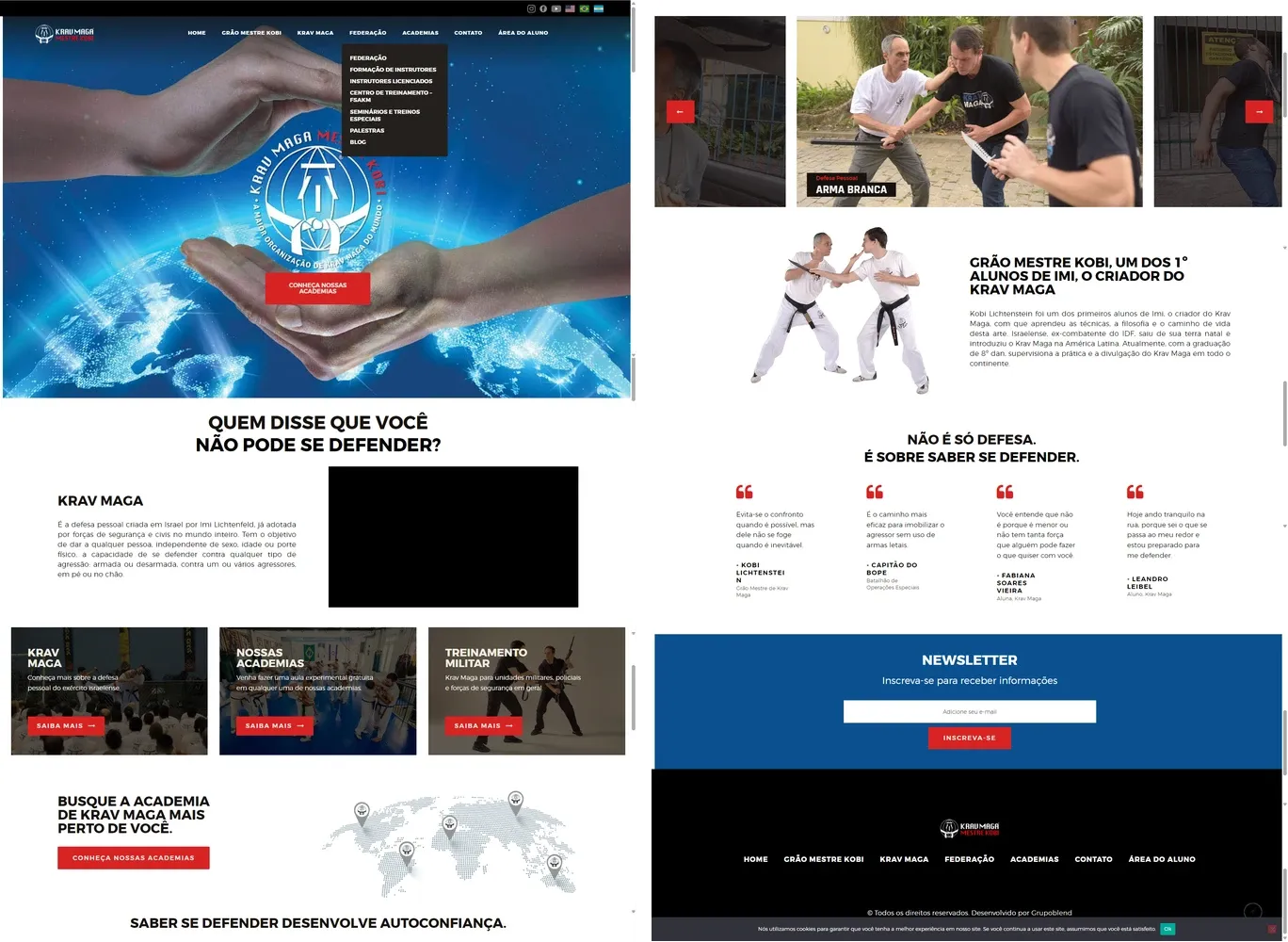 A página inicial do site original da federação, inteira, em duas colunas: um banner grande com o logo, um menu aberto por cima, blocos de texto pequeno e cards escuros com uma faixa vermelha, um carrossel de fotos, depoimentos e o rodapé.